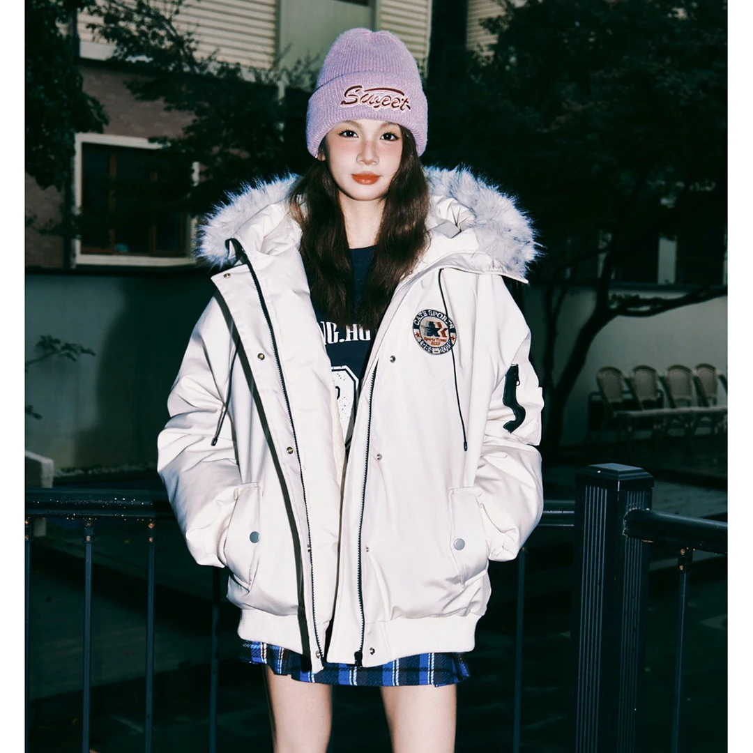 ZEXO冬季新款刺绣贴标大毛领连帽棉服派克服 ZE1027