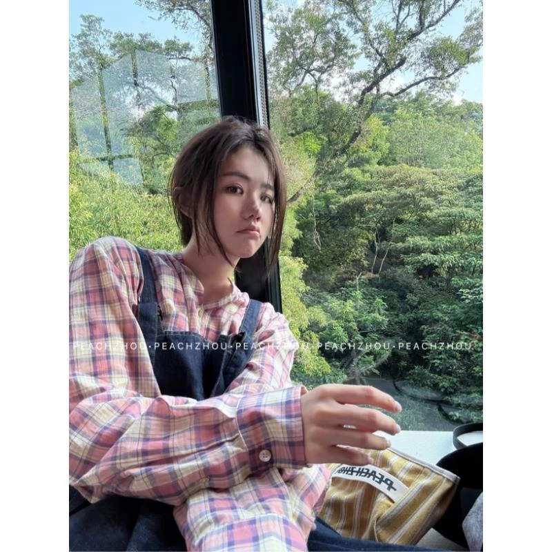 『PEACHZHOU』撞色粉格子贴袋宽松圆领衬衫美式复古休闲减龄长袖女
