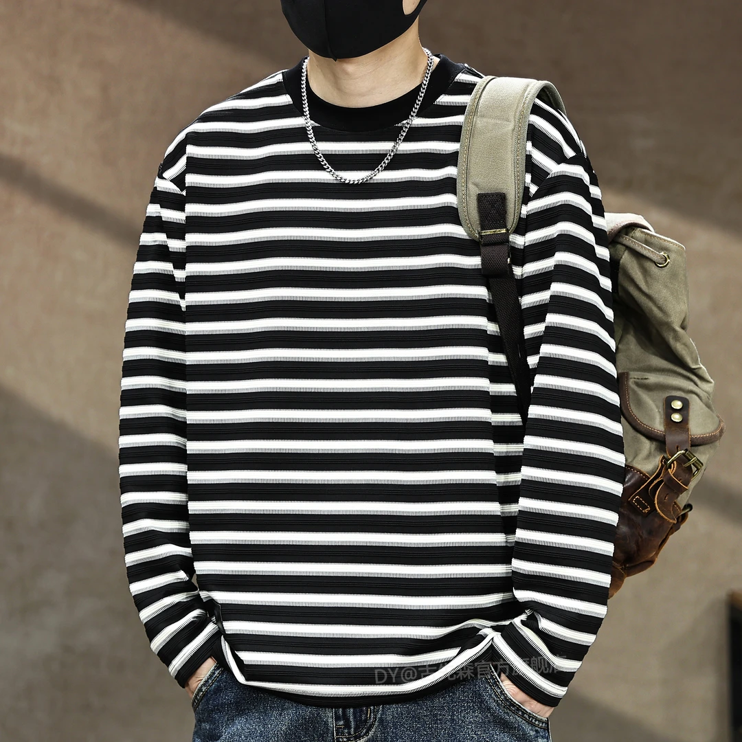 美式高端280g重磅肌理条纹长袖T恤男秋季新款潮牌复古经典海魂衫