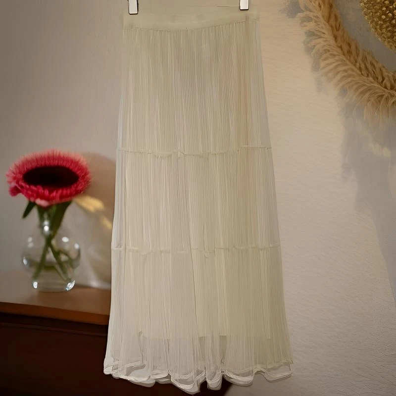 QUEEN【朦胧】名媛风垂感百褶双层纱裙（时尚气质高腰显瘦蕾丝百搭）