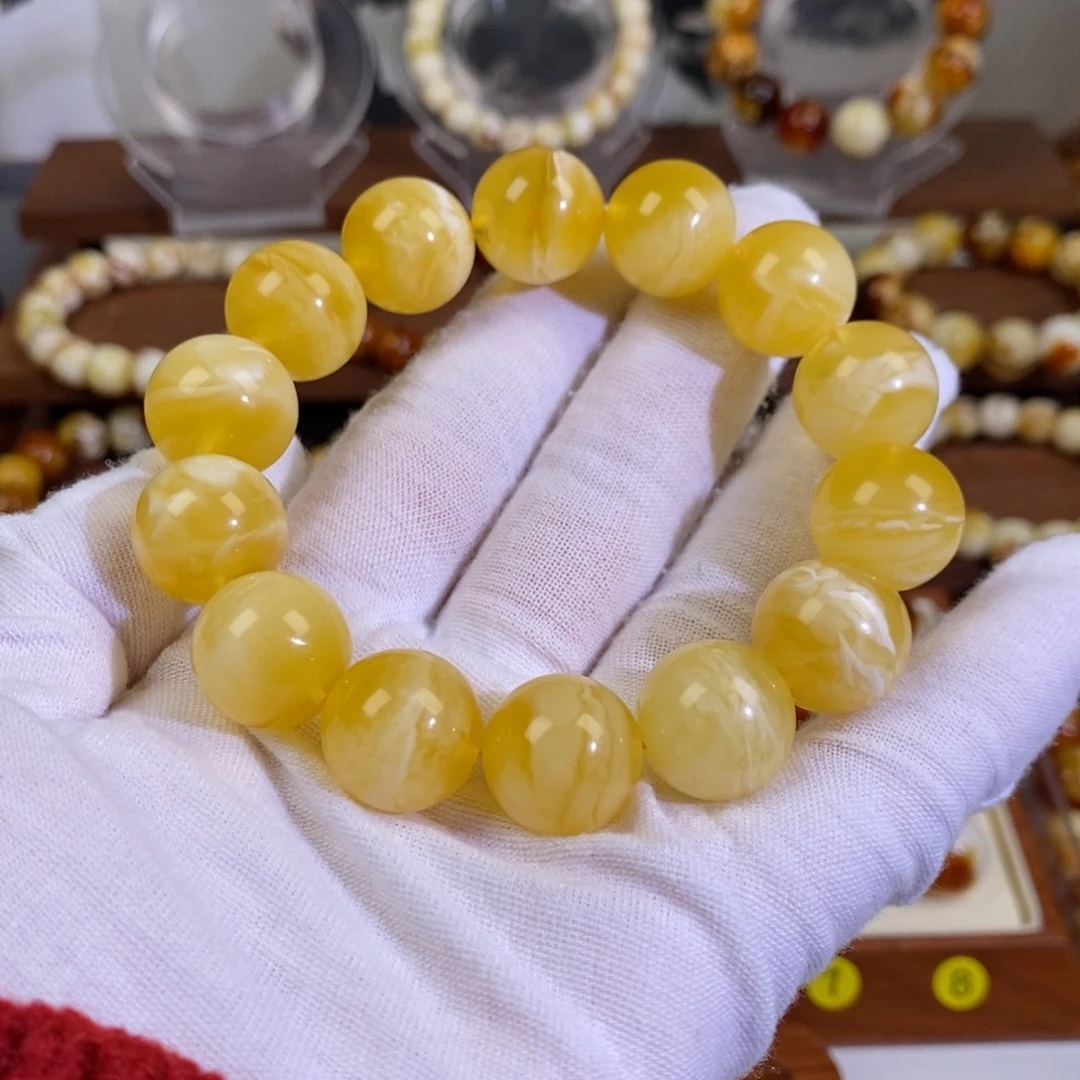 琥珀未镶嵌裸石天然俄料蜜蜡虎皮纹手串16mm➕
