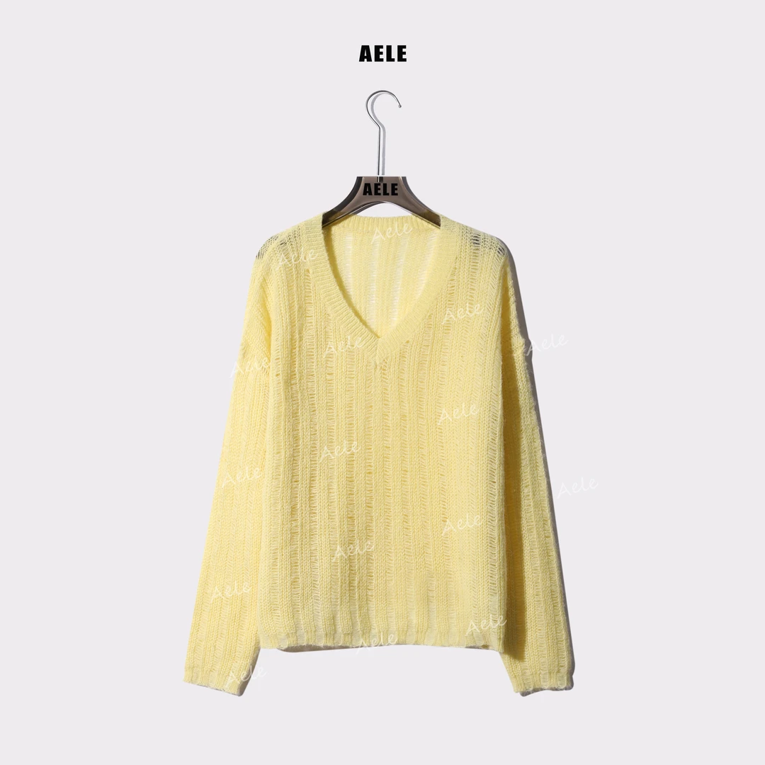 AELE松弛感V领宽松镂空长袖针织衫百搭薄毛衣上衣 X853 2612 AD