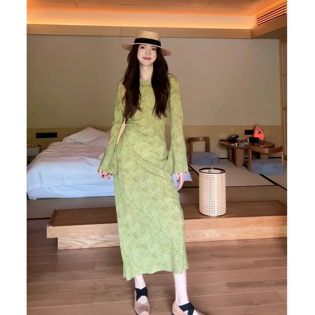 【现货】【绿野诗行】夏季女法式复古气质印花显瘦修身长袖连衣裙