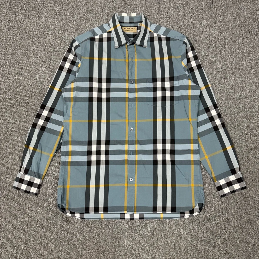 99新 BURBERRY/博柏利 13238902 巴宝莉 淡蓝色长袖格纹衬衫 M码