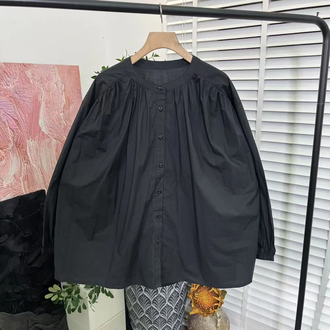 日系新款「水洗高织棉宽松」长袖圆领衬衫女E5065