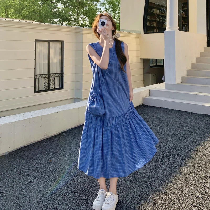 夏日休闲蓝色格子无袖连衣裙斜挎包吊带裙裙子小众法式设计感复古