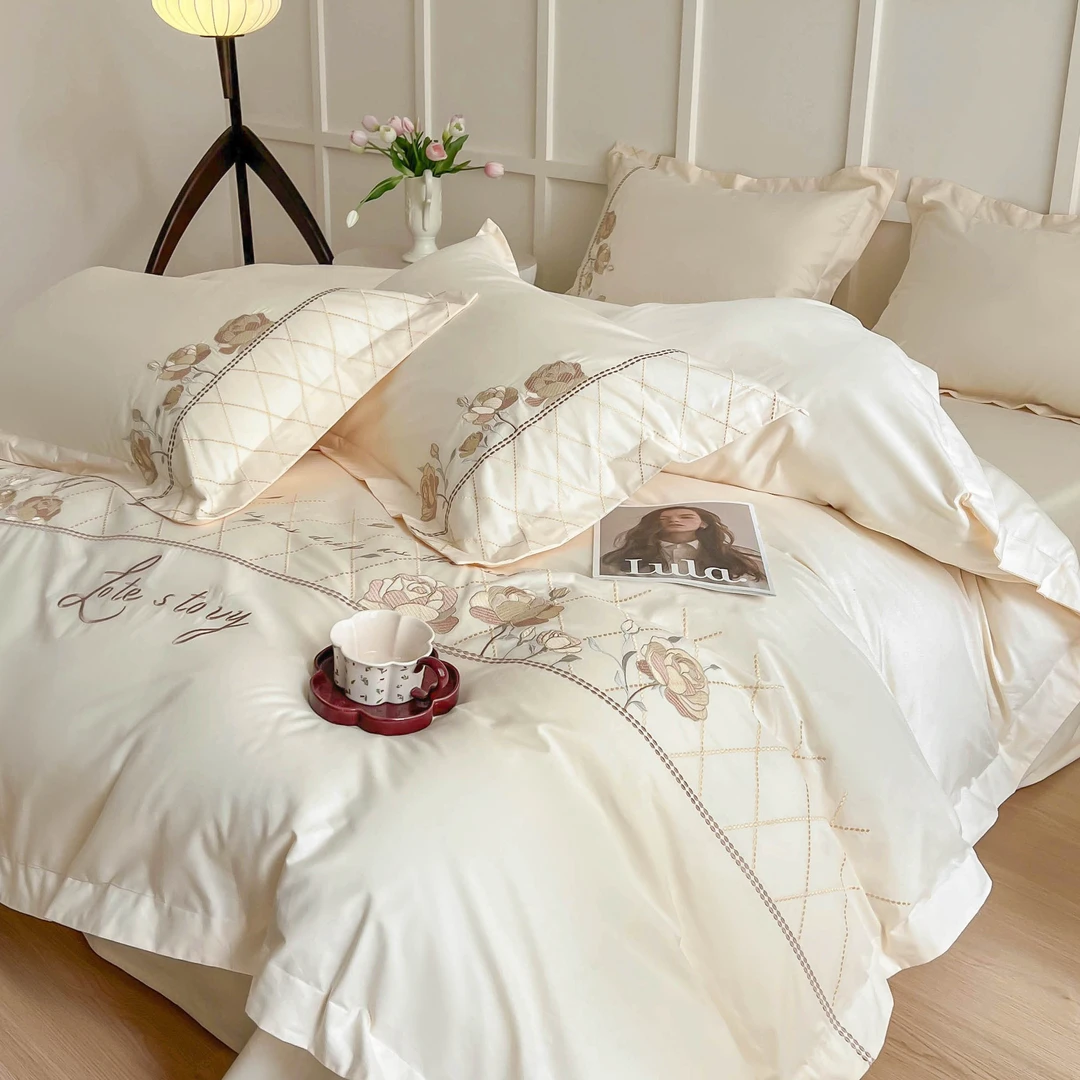 夏季新款A类全棉纯棉刺绣四件套高档四季通用床品套件柔软