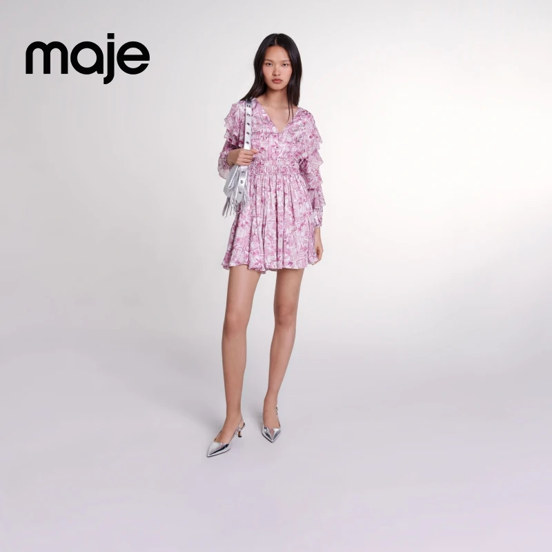 暖系穿搭|Maje秋季新款女气质印花收腰连衣裙MFPRO03760