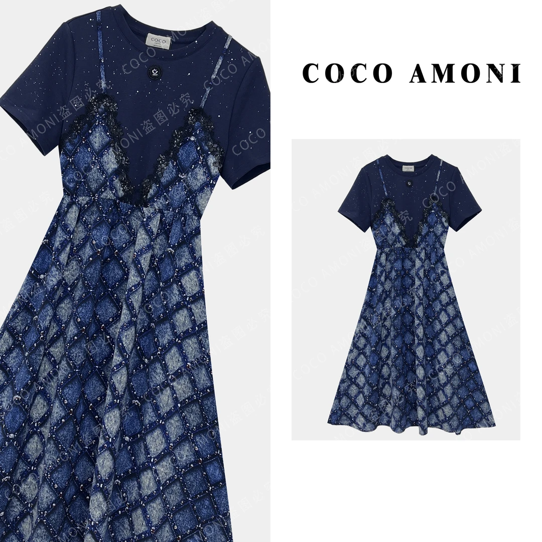 时尚设计师款高级感假两件女装拼接抽绳收腰显瘦气质连衣裙ZC710