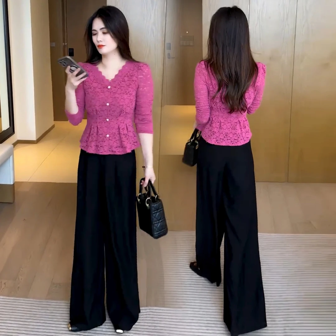 时尚气质套装女2025秋季新款洋气显瘦V领蕾丝衫上衣阔腿裤两件套