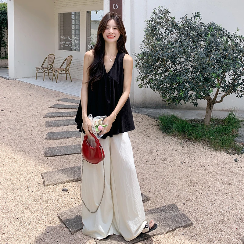 气质简约高级感套装裤女2025年夏季新款黑色V领背心阔腿裤两件套