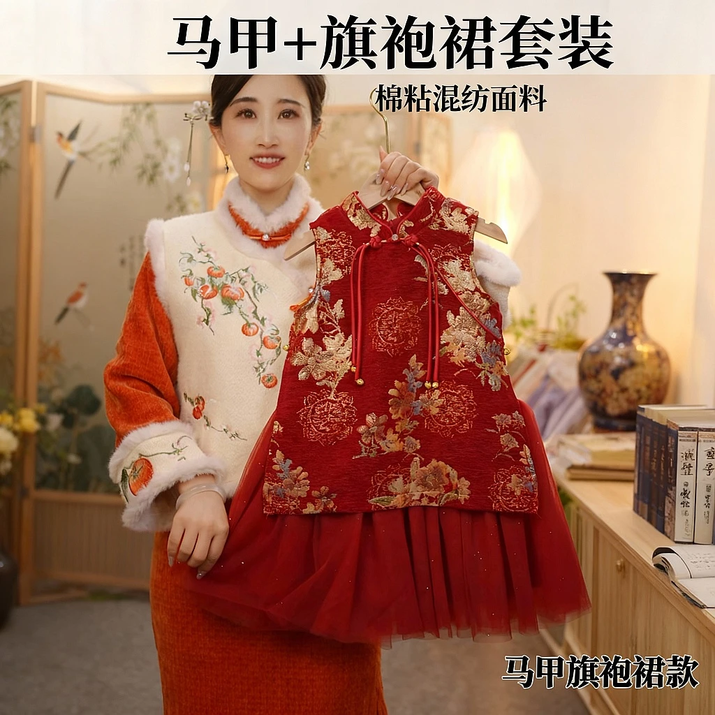【奢香】SC842女童冬季国风加绒不加棉保暖新中式马甲旗袍裙拜年服