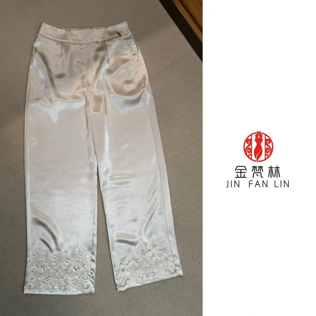 【韶华】新中式中国风醋酸缎蕾丝花边重工刺绣镂空直筒裤气质