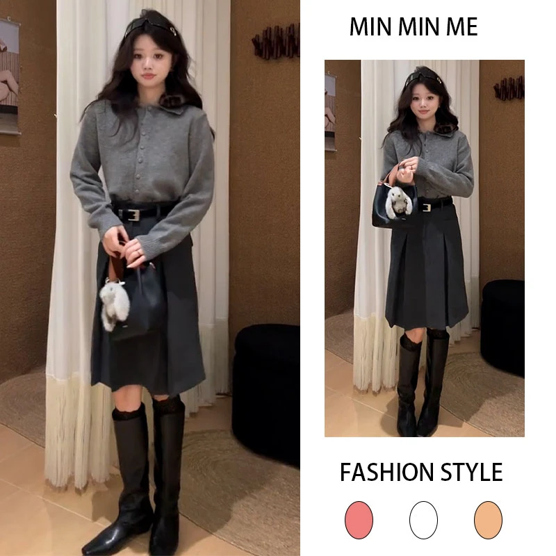 时髦少女感的冬日套装轻熟风时尚单排扣开衫女搭休闲半身裙两件套