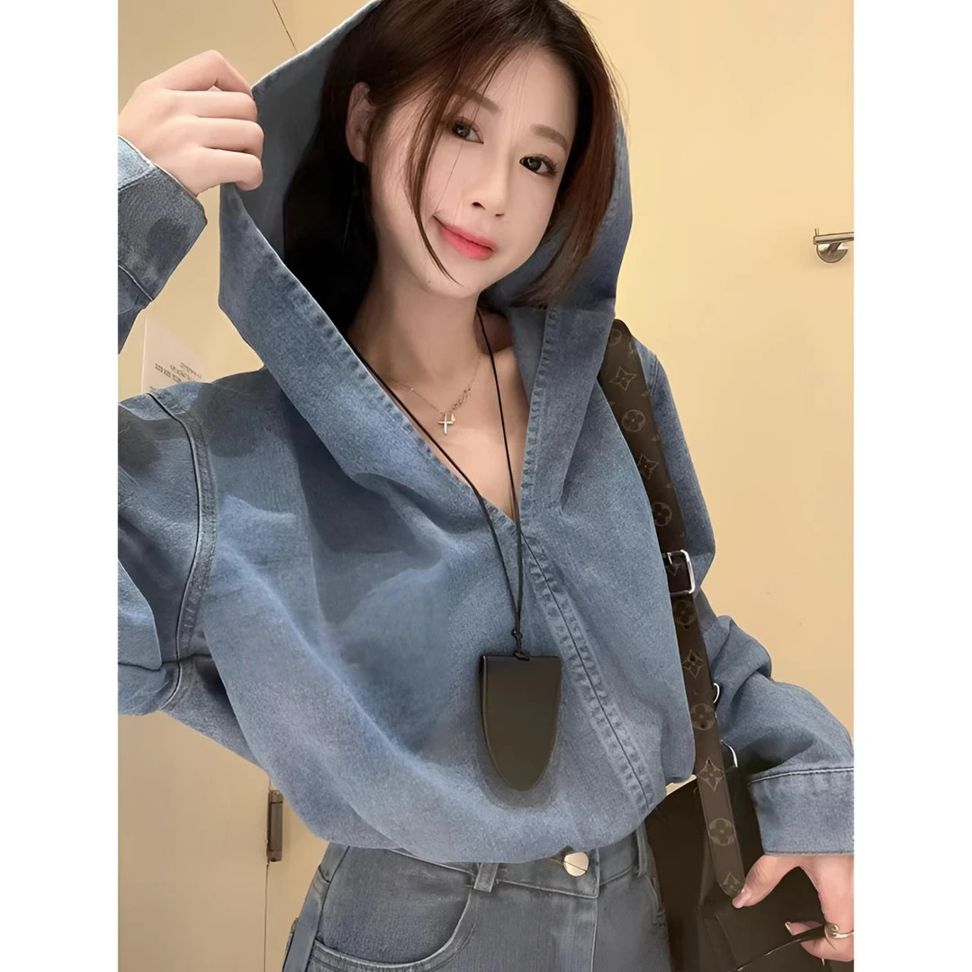睿夕【滨湖之恋】复古休闲宽松连帽牛仔长袖上衣