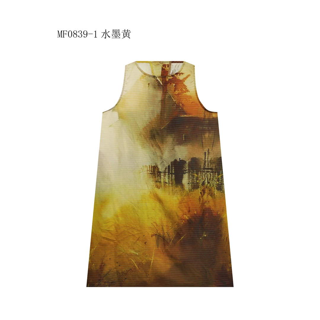 【麻訪家】MF0839-1水墨黄文艺印花优雅宽松休闲无袖连衣裙