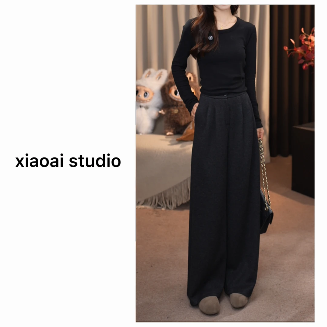 【JIAOZI专属】BN25704高腰保暖休闲羊毛裤阔腿裤褶皱冬季慵懒风