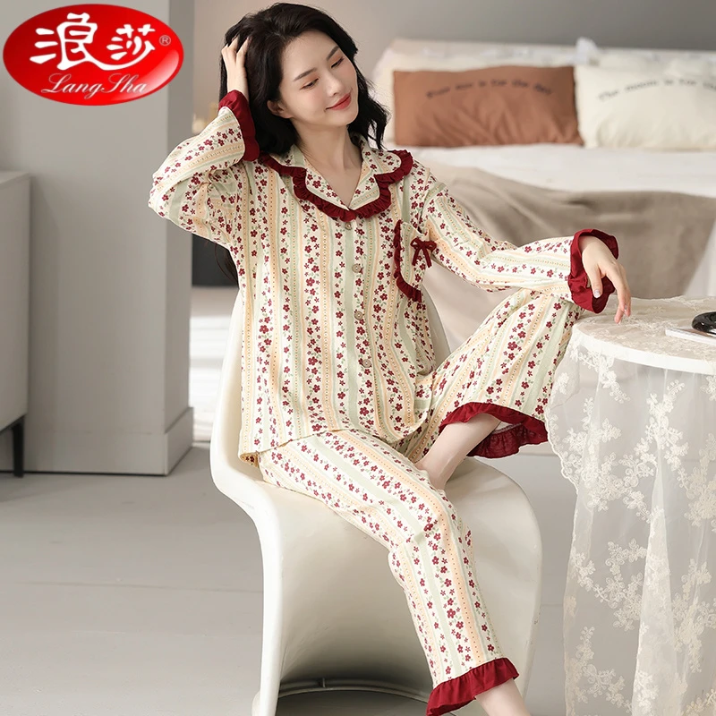 浪莎清新小碎花睡衣女秋冬款2025新款宽松高级感女士家居服套装大