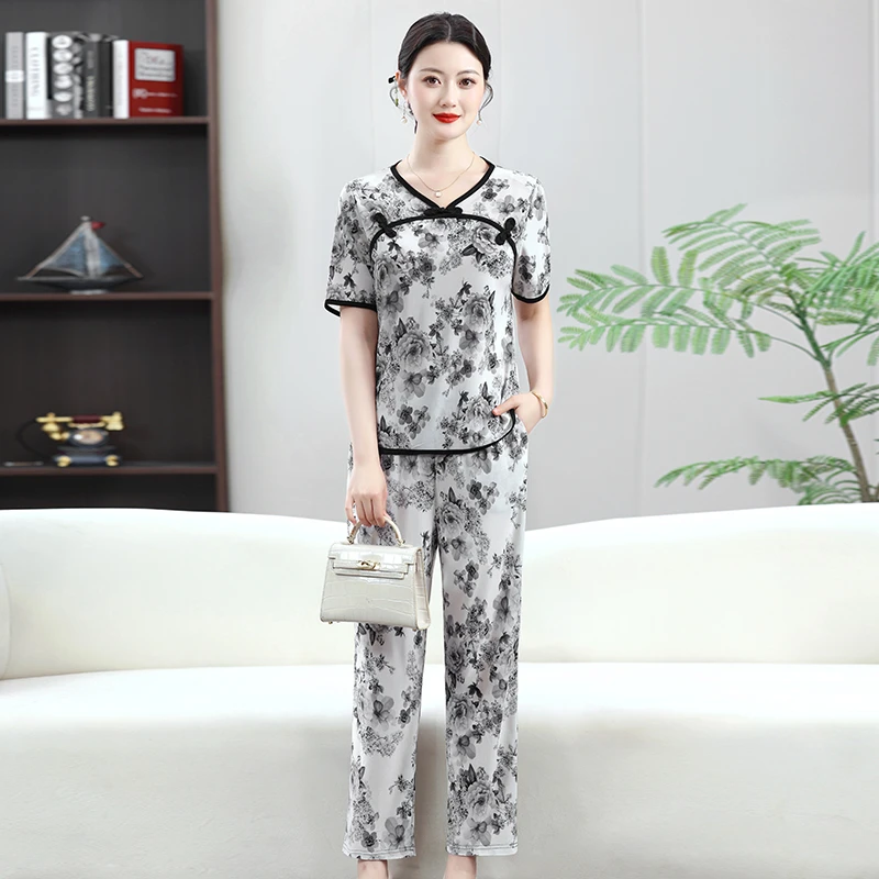 妈妈新中式洋气减龄时尚套装女夏季新款中年宽松显瘦短袖两件套女