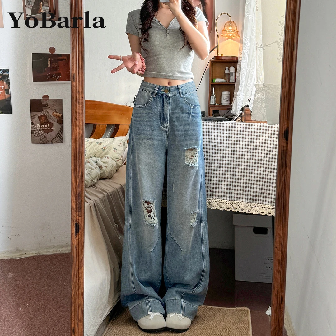 美式破洞牛仔裤女秋冬新款胖mm大码高腰梨形身材显瘦宽松阔腿裤子