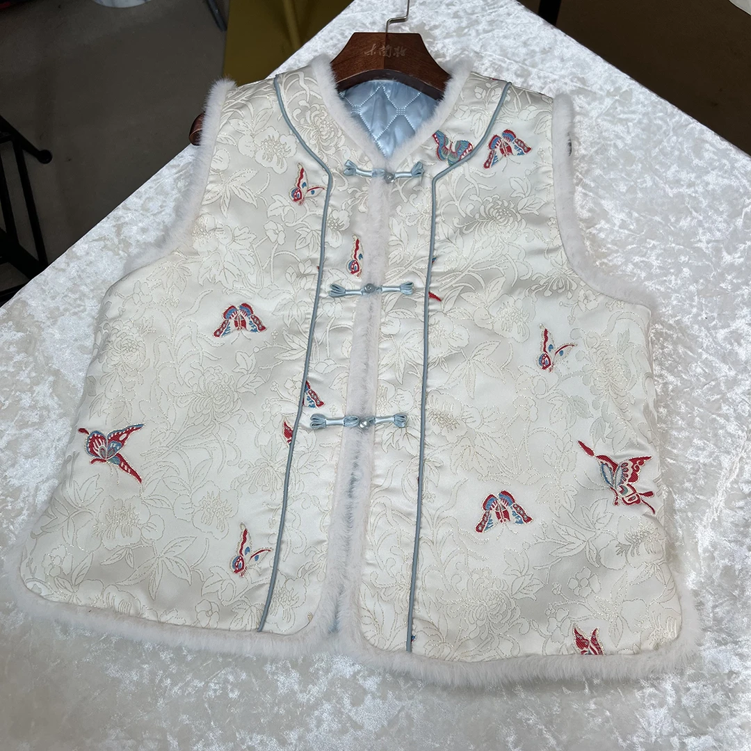 【红蝶】冬季加棉加厚宋锦缎面新中式国风圆领气质秋冬马甲女