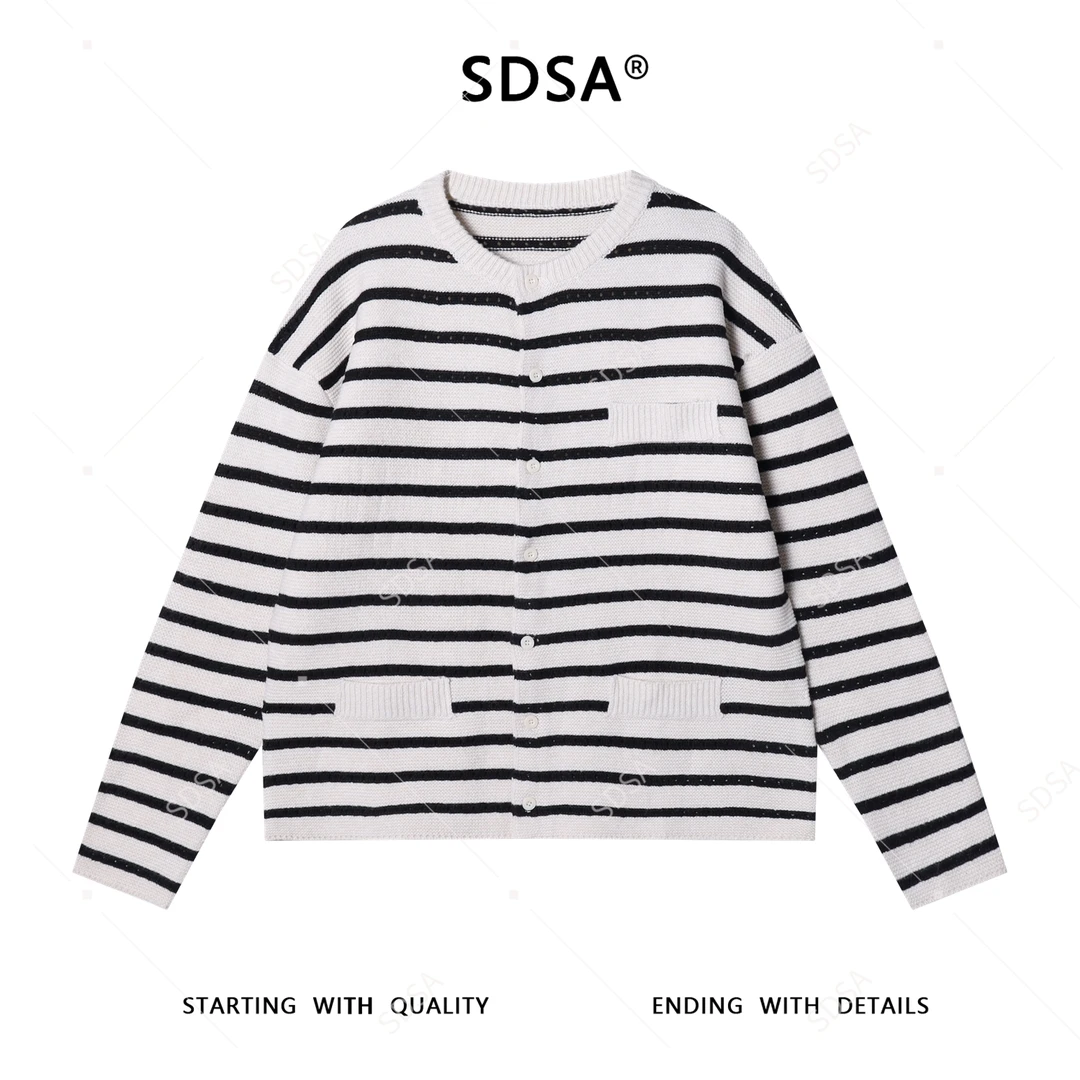 SDSA男士秋冬新款痞帅男装韩版撞色针织条纹纽扣开衫圆领毛衣百搭