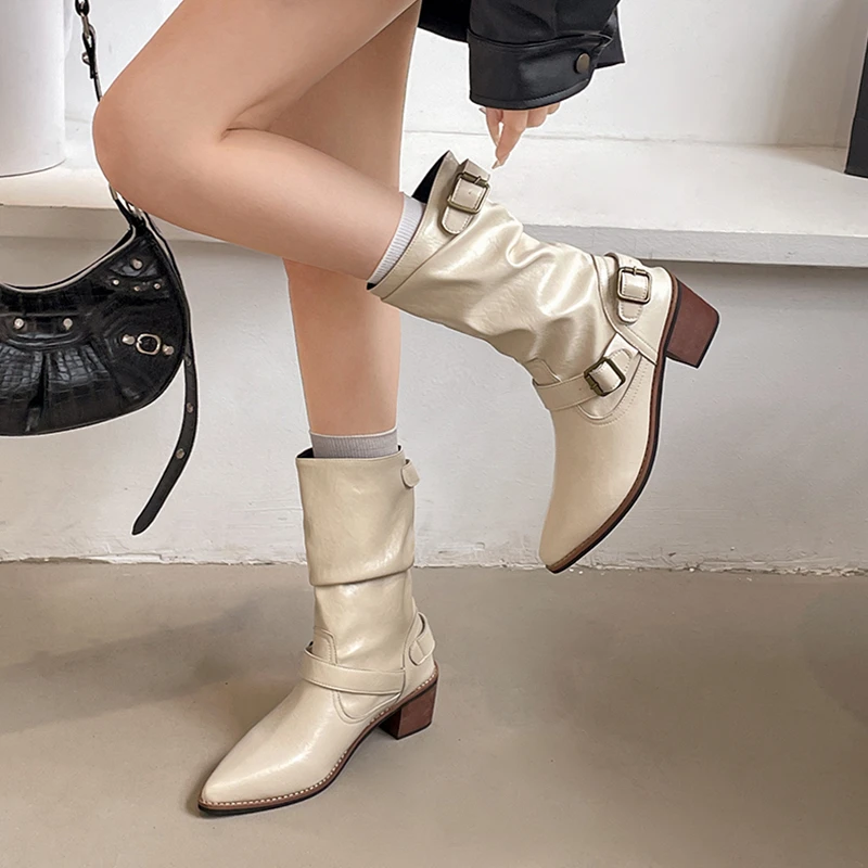 爆款复古白色粗跟西部牛仔靴女2025新款夏季百搭配裙子内增高短靴