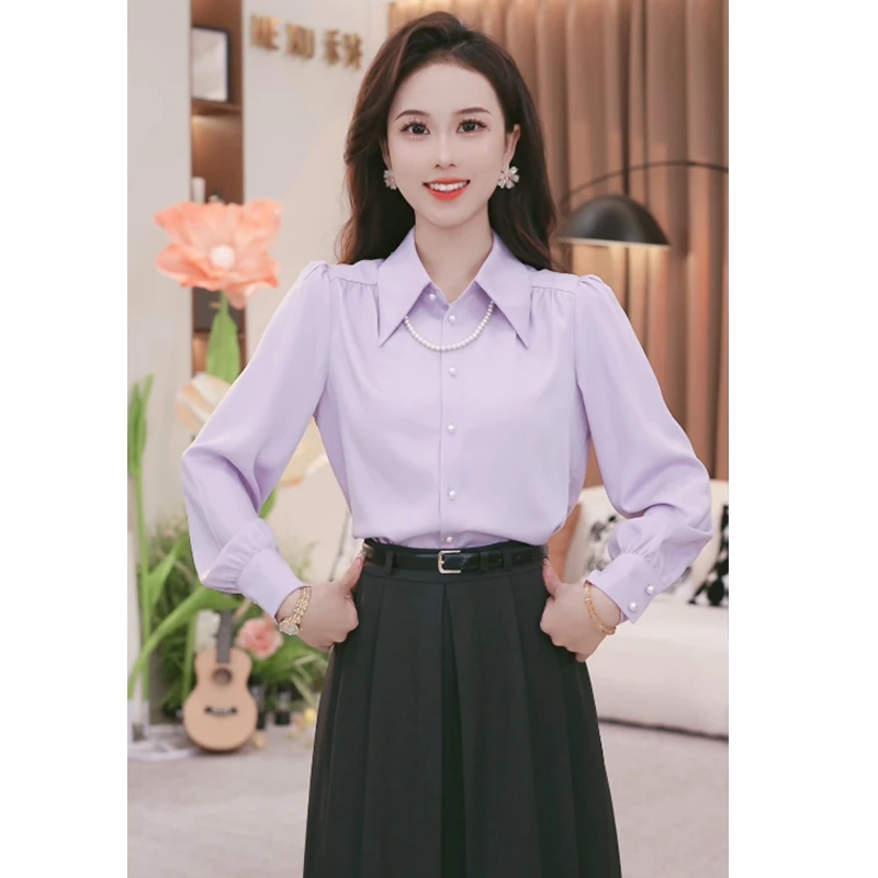 韩系复古千金风高级感紫色衬衫女2025夏季新款POLO领长袖光泽上衣