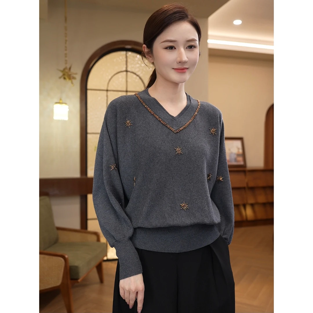2025年秋冬新款【QQ-1254PY】醋酸天丝羊毛气质v领灰色外穿针织衫女