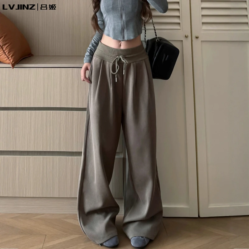 美式慵懒风军绿色高腰运动裤女秋2025新款宽松显瘦直筒休闲阔腿裤