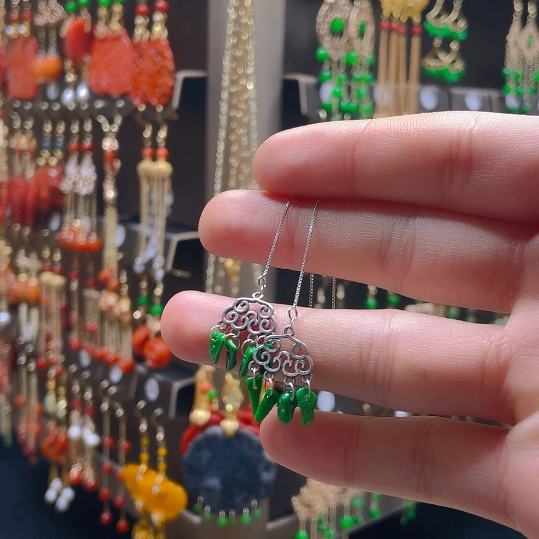 翡翠耳饰银S925镶嵌翡翠