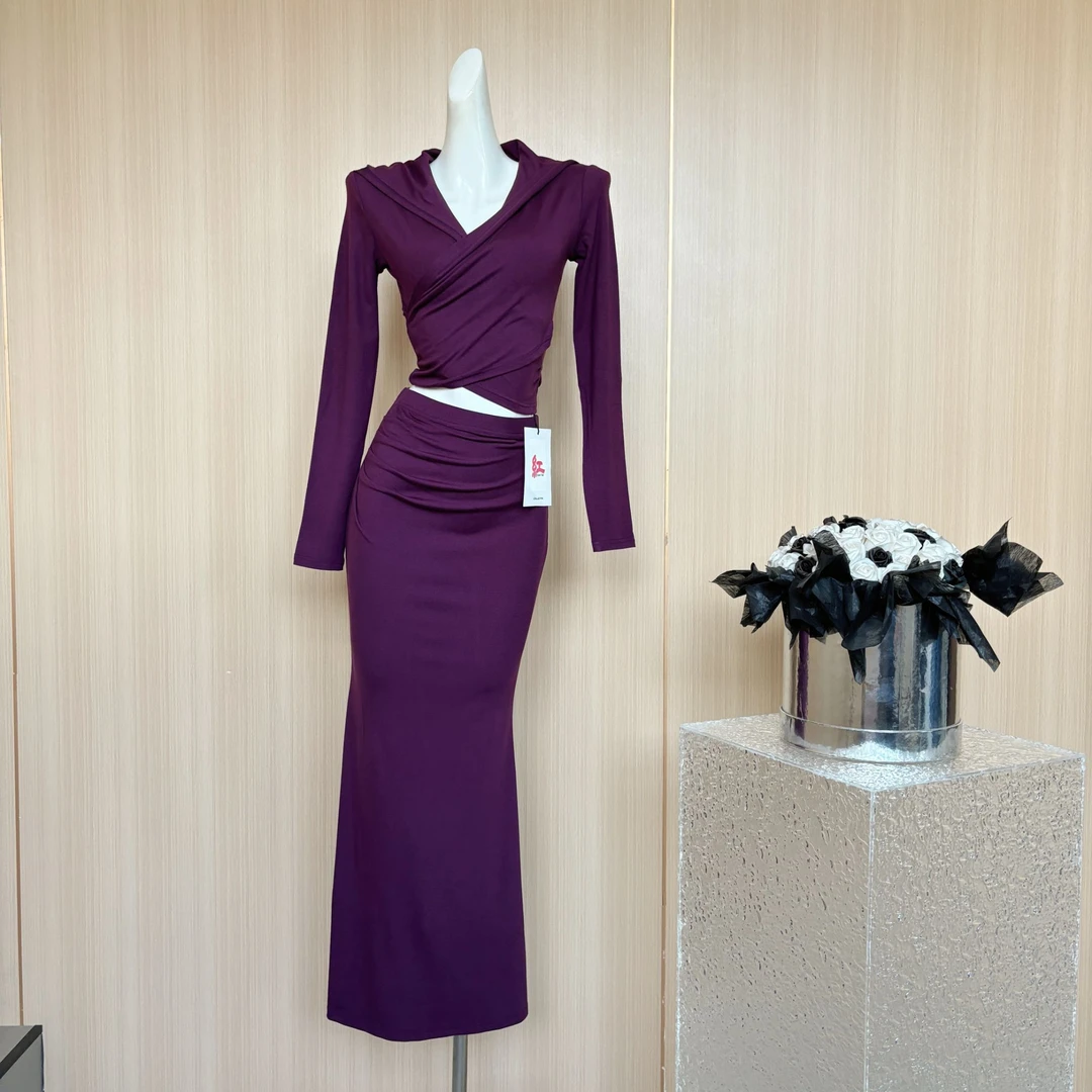 欧美辣妹穿搭性感长袖气质连帽衫上衣+高腰鱼尾包臀裙套装女秋季