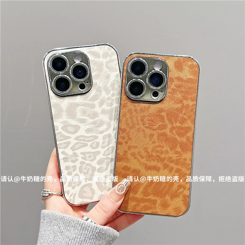 电镀直边豹纹适用苹果iPhone16/华为手机壳防摔15/14新款潮mate50