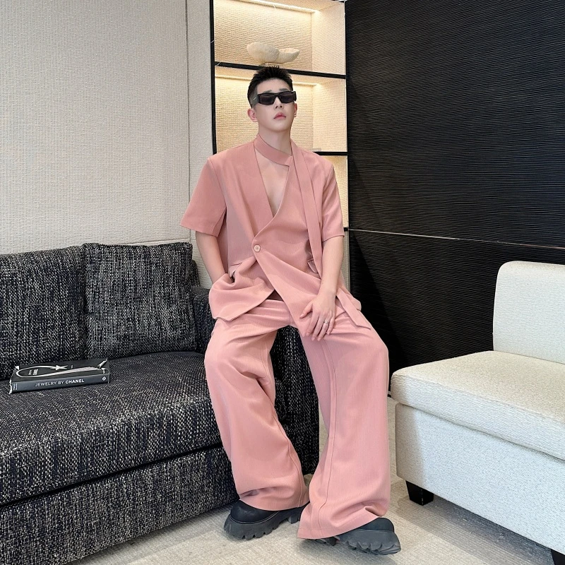 走秀款禁欲风飘带粉色短袖西服套装男垂感西裤休闲阔腿长裤两件套