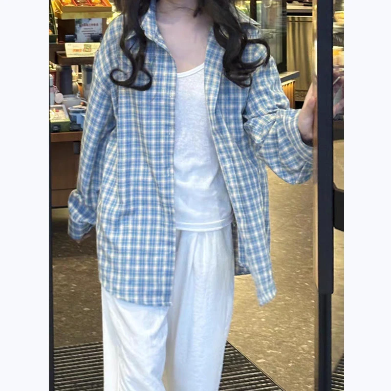 大码200斤港风chic复古蓝色格子宽松防晒衬衫女遮肉显瘦上衣ins潮