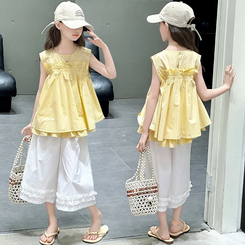 女童夏季韩系套装2025新款6-12岁15岁儿童洋气花边小衫阔腿裤套装