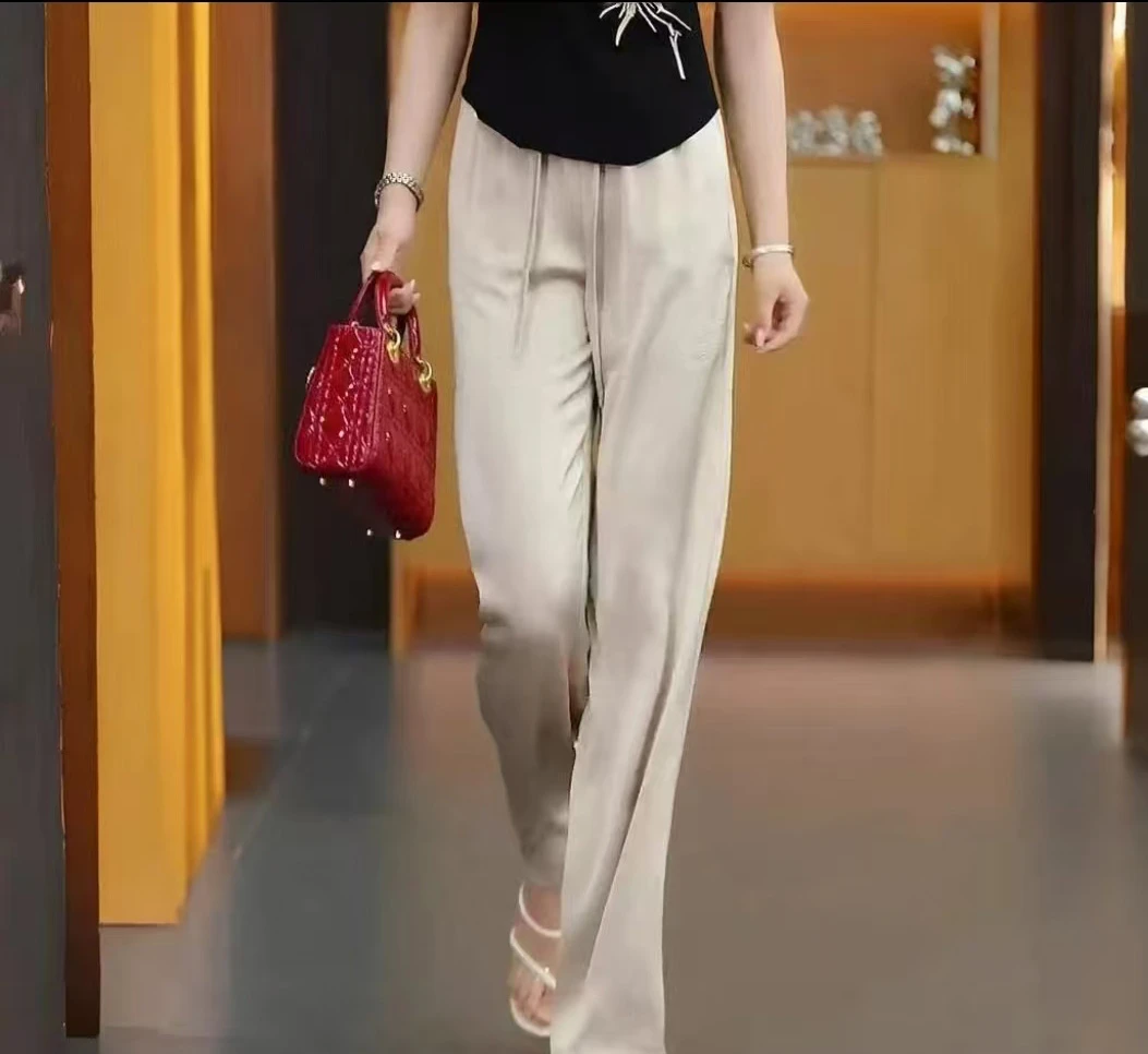 国风好物新中式珍珠缎阔腿裤女夏季高腰窄版直筒国风休闲裤2501