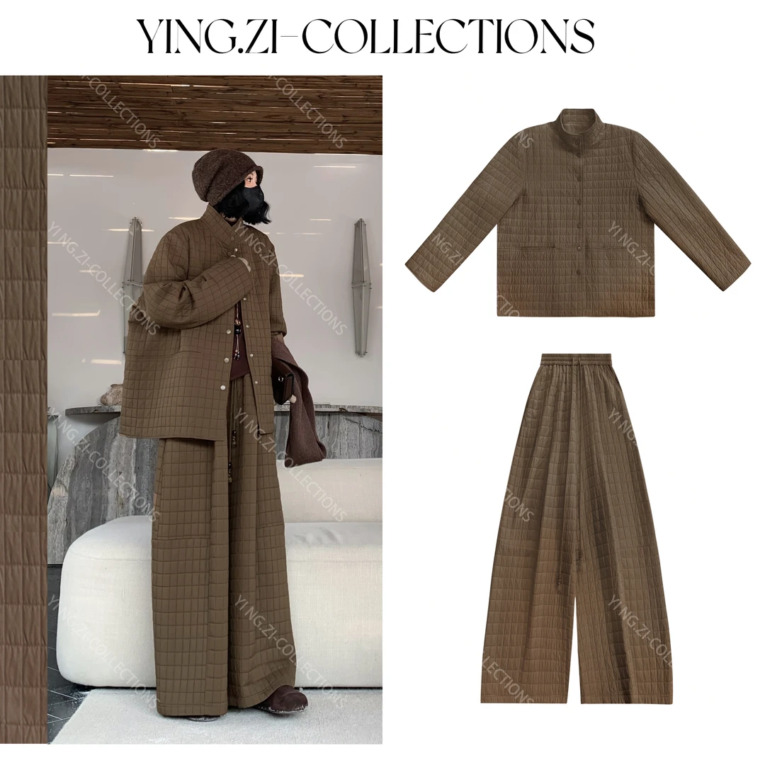 Ying-Zi【碎片】夹棉套装裤设计感格子外套宽松时尚