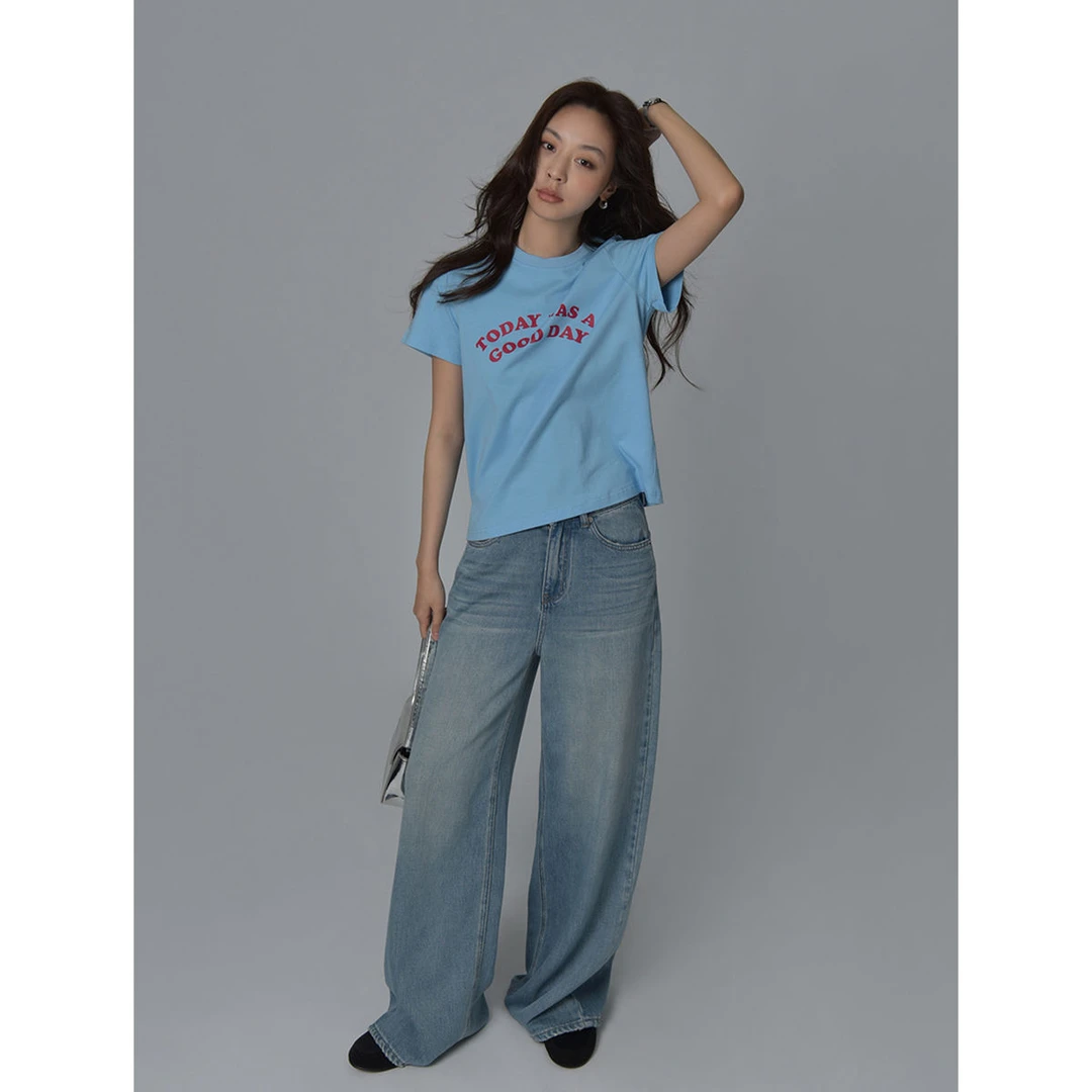 SIXI四喜家 美式学院撞色字母印花短袖T恤女夏季正肩显瘦打底上衣