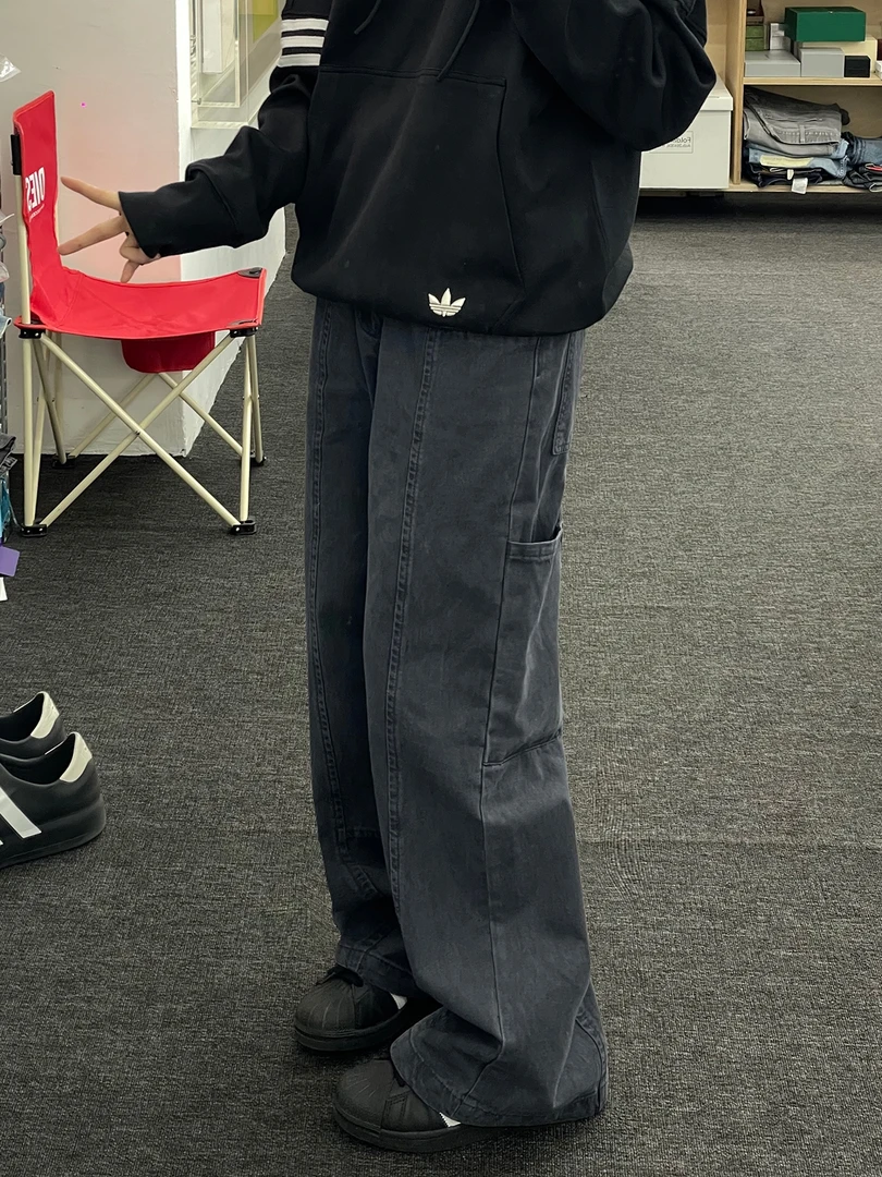 美式直筒工装裤vintage风琴口袋牛仔裤宽松复古裤子男女