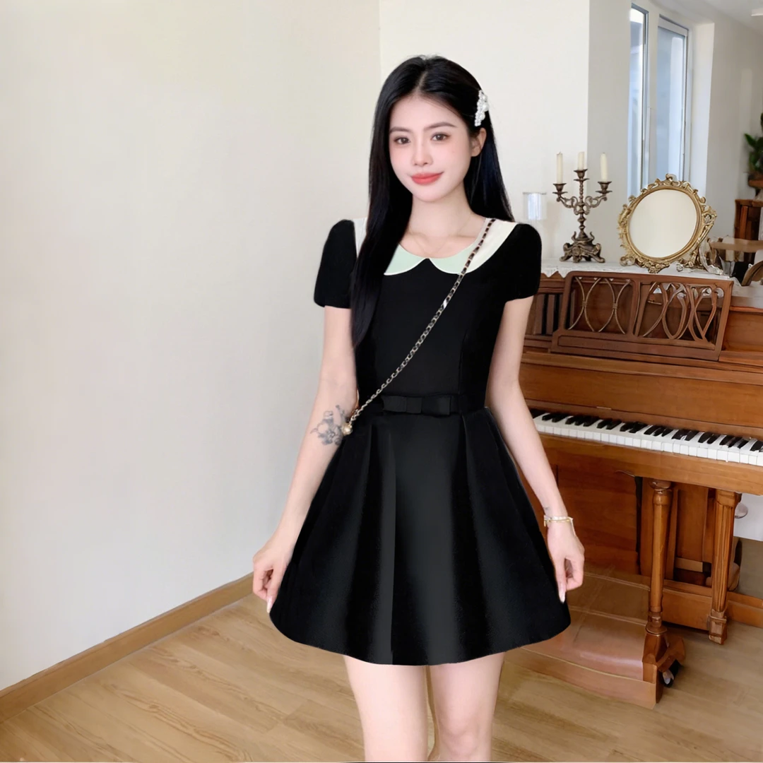 A2025千金风娃娃领短袖收腰连衣裙蝴蝶结miu系小洋裙生日裙D3157