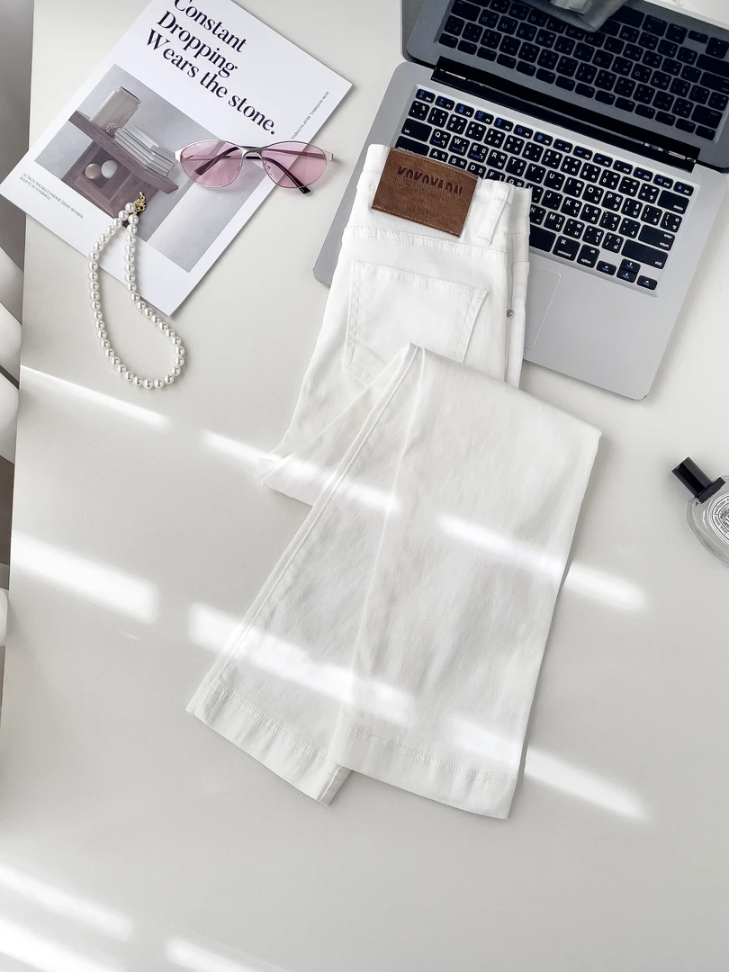 2025早秋新款米白色丹宁蓝裤子高腰宽松直筒女牛仔裤显高显瘦烟管