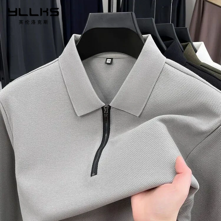 男装Polo衫2025春季中老年长袖免烫处理商务休闲纯色宽松型其它面