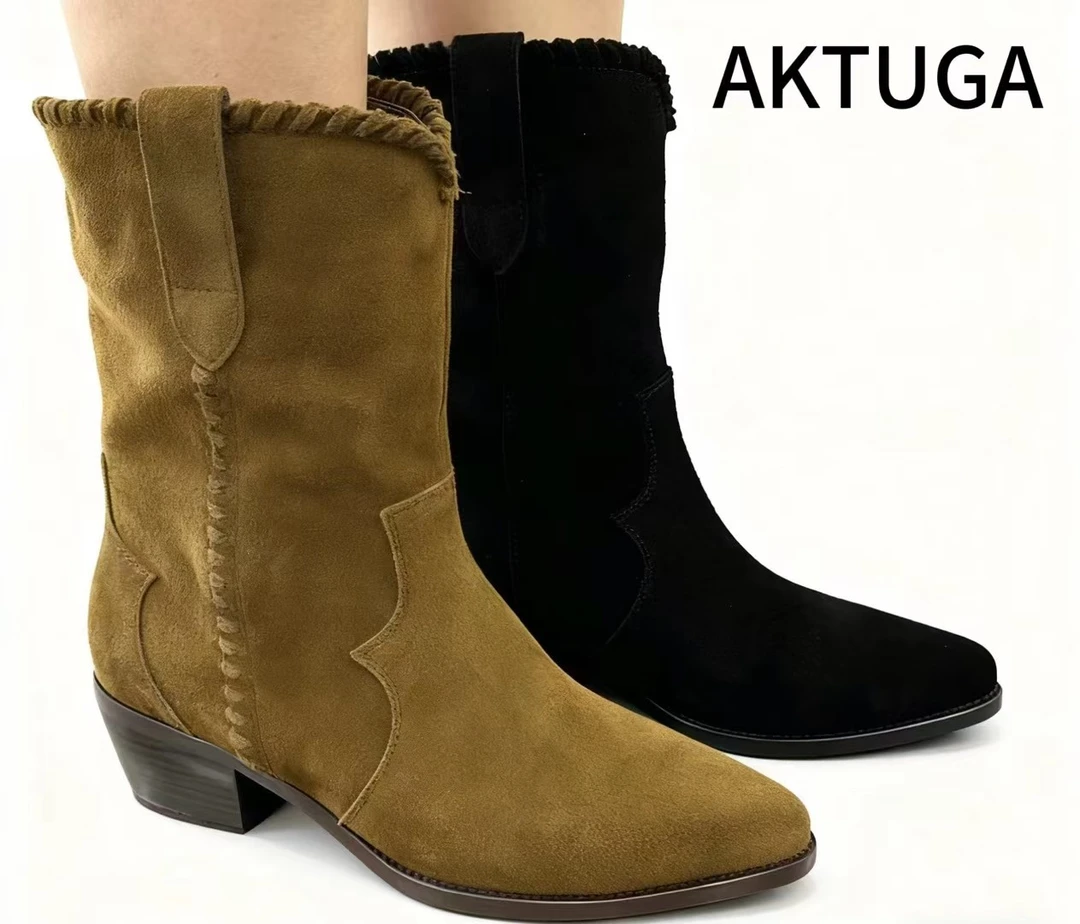 9159-30095新款复古尖头2025秋新款粗跟显瘦气质短靴