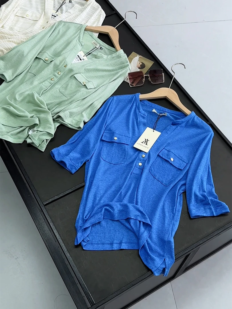 老钱风宽松工装口袋V领短袖亚麻休闲度假T恤女春夏复古休闲上衣
