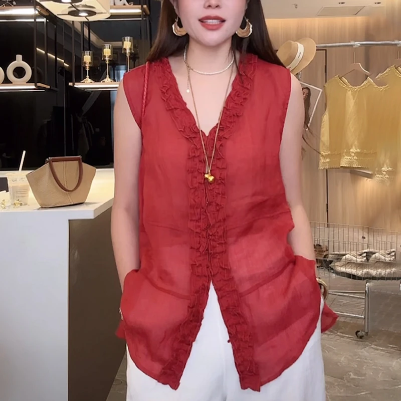 木耳边无袖v领衬衫女士2025夏季洋气减龄设计感精致妈妈薄款上衣