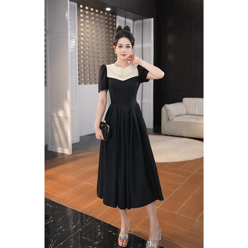 【lulu定制】夏季短袖设计感大摆裙法式珍珠复古小众连衣裙80270