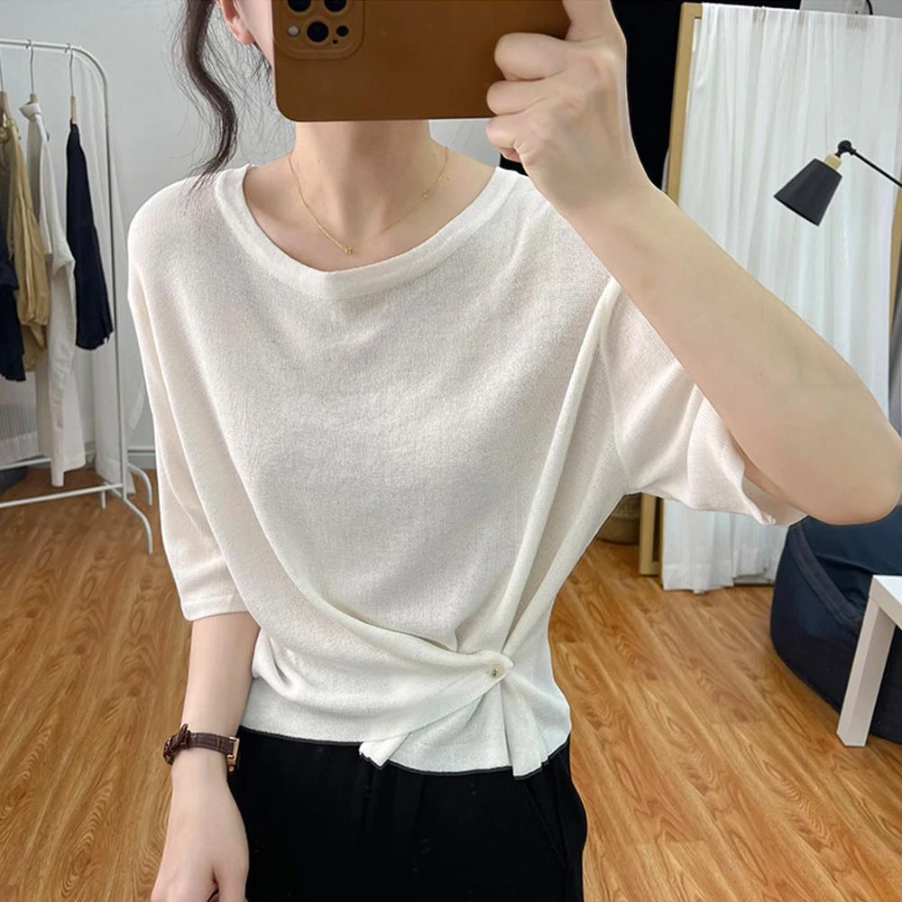 夏季新款简约复古纯色修身显瘦冰丝T恤打底休闲百搭短袖圆领上衣