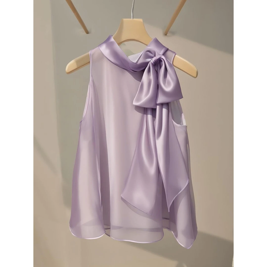 轻熟法式小众紫色时尚无袖衬衫女夏季独特漂亮仙气飘飘蝴蝶结上衣