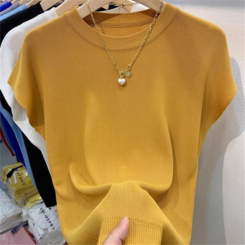 冰凉百搭短袖针织衫夏季宽松显瘦圆领纯色打底衫内搭2025洋气上衣